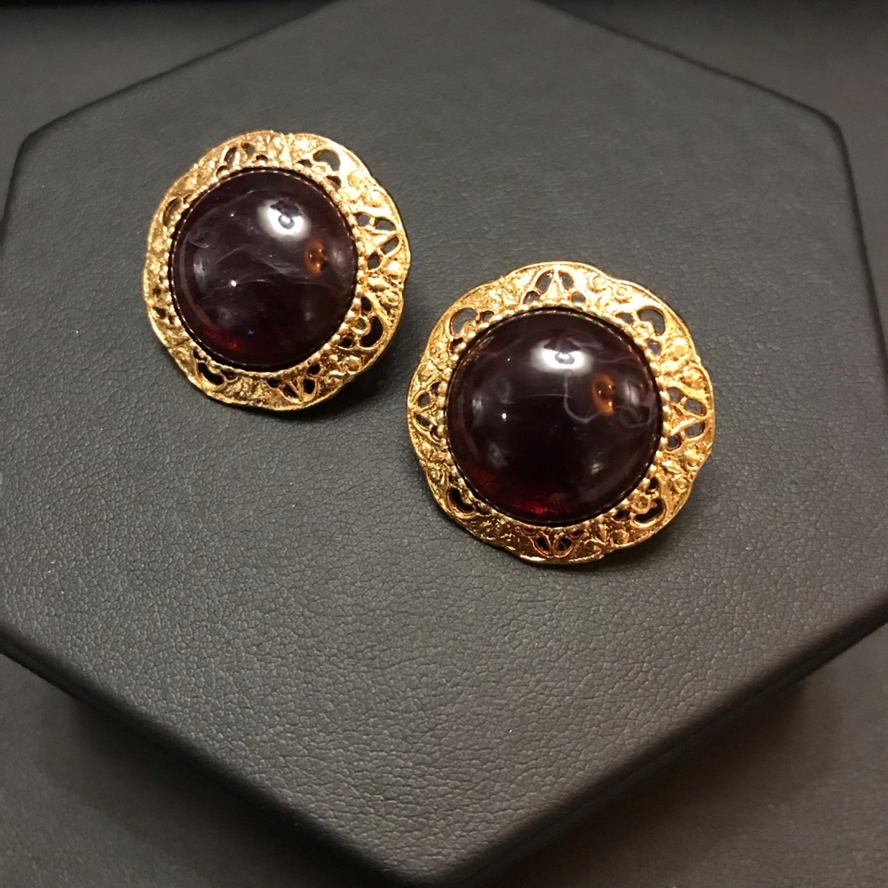 Vintage Circular Dark Red Caboschons Earrings